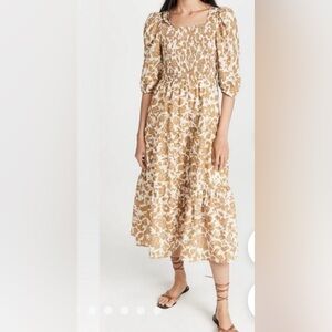 Moon River Smocked Poplin Floral Puff Sleeve Tiered Peasant Midi Dress-Small